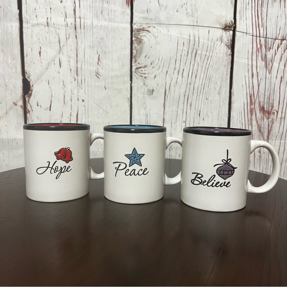 Hope Peace Believe Ceramic Accent Christmas Themed Mugs - Set of 3